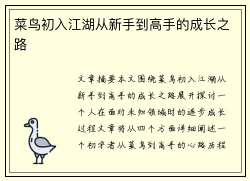 菜鸟初入江湖从新手到高手的成长之路